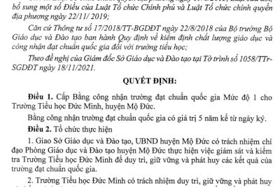Trường TH Đức Minh được “cấp bằng công nhận Trường đạt chuẩn quốc gia mức độ 1”